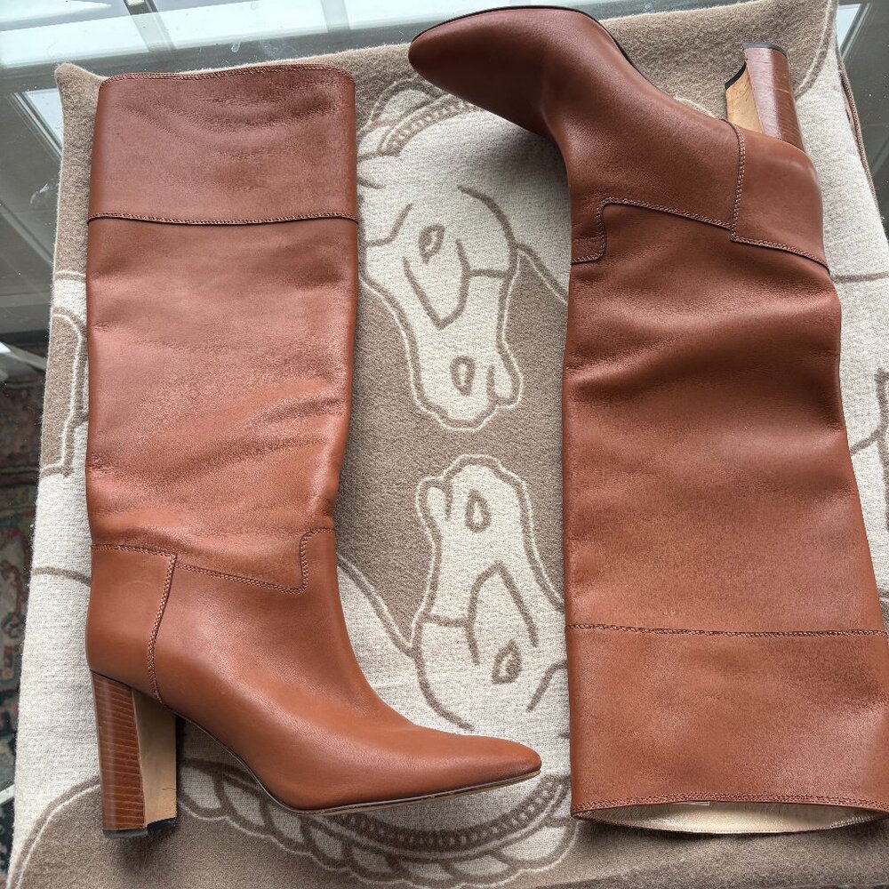 Manolo Blahnik Tall Leather Heeled Boots in Cognac Brown
